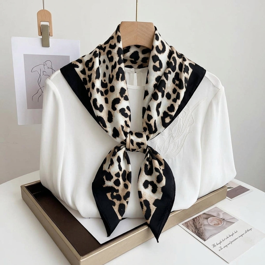 Foulard Blanc Cassé motif Léopard Carré en Soie
