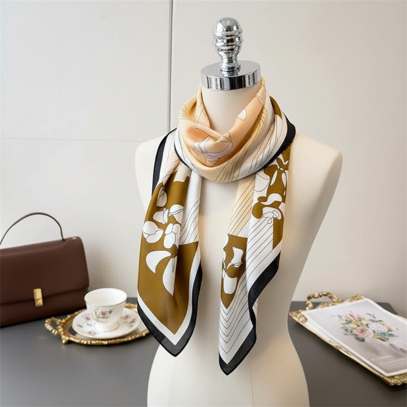 Foulard Carré en Soie motif Fleuri Beige pour Femme