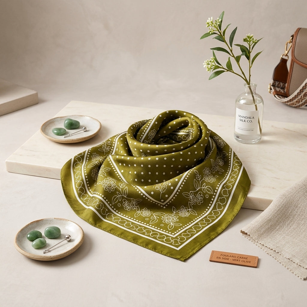 Foulard Carré en Soie motif Mandala Vert Olive