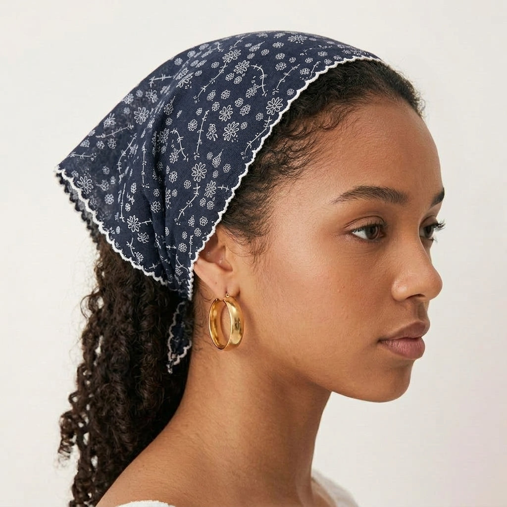 Foulard Cheveux Bleu Foncé en Coton et Lin pour Femme
