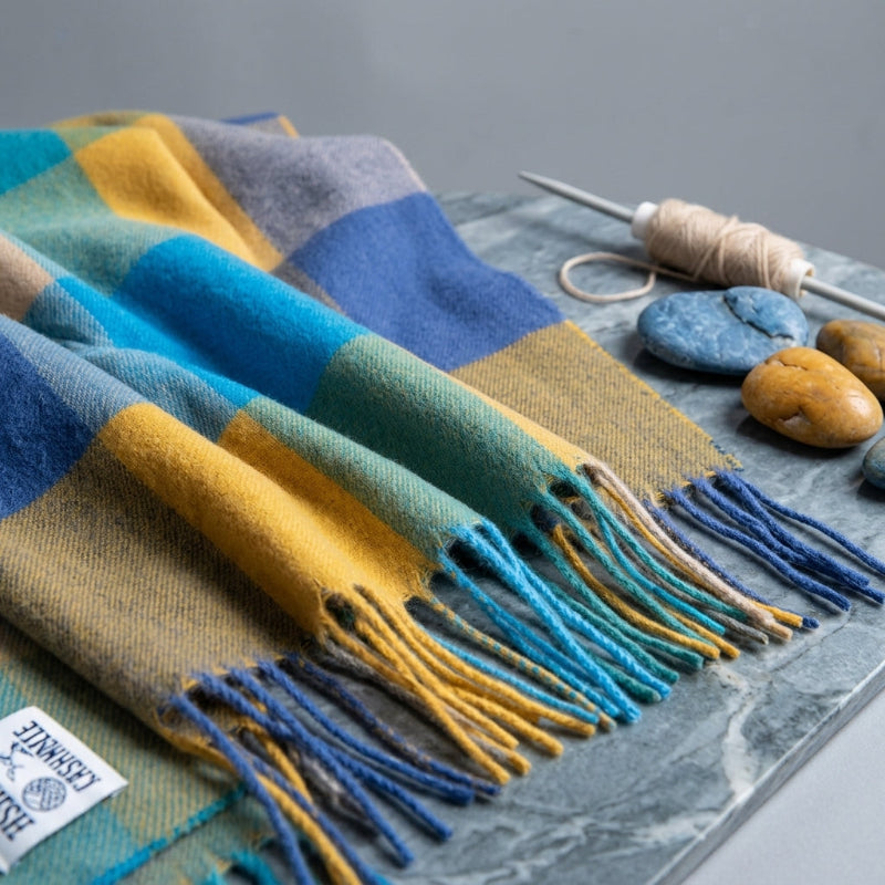 Foulard Femme Bleu et Jaune Cachemire à Carreaux