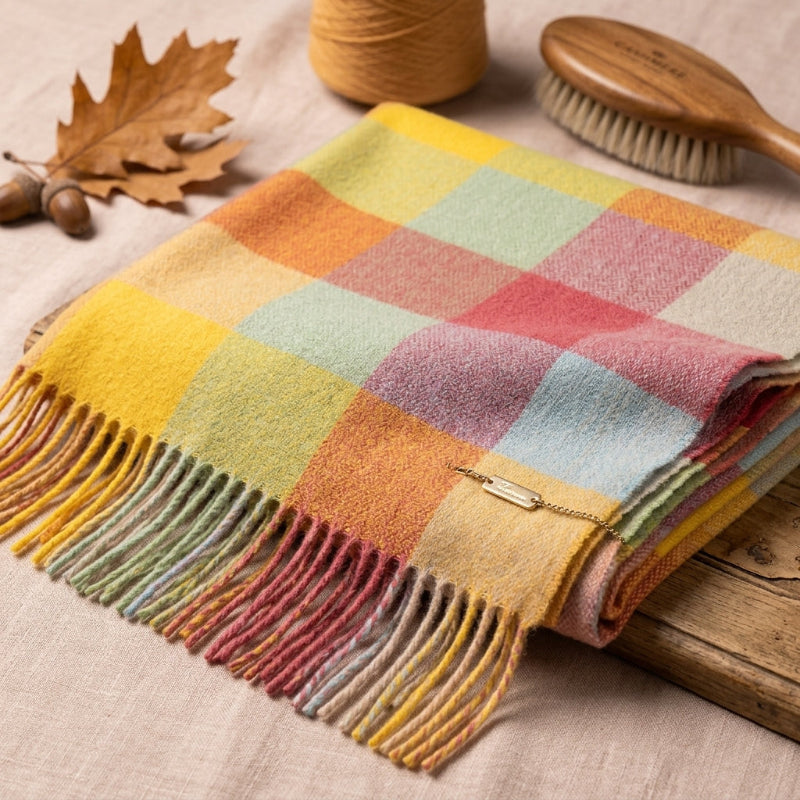 Foulard Femme Orange et Jaune Cachemire à Carreaux