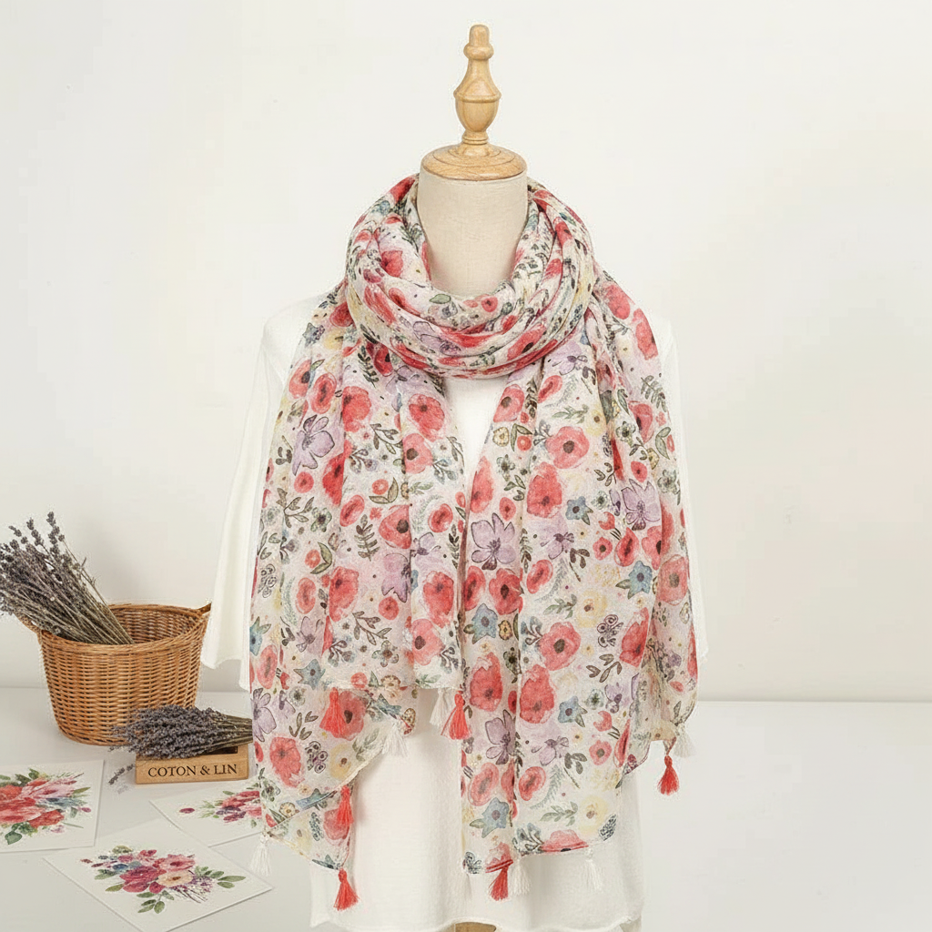 Foulard Fleuri en Coton et Lin