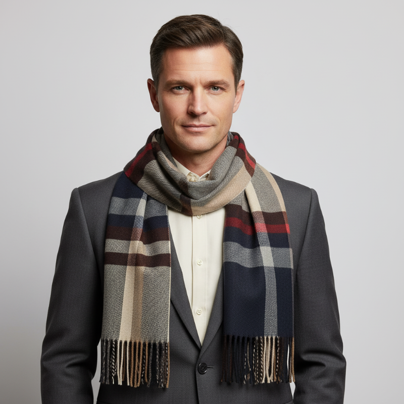 Foulard Homme Écru et Marron Cachemire à Carreaux