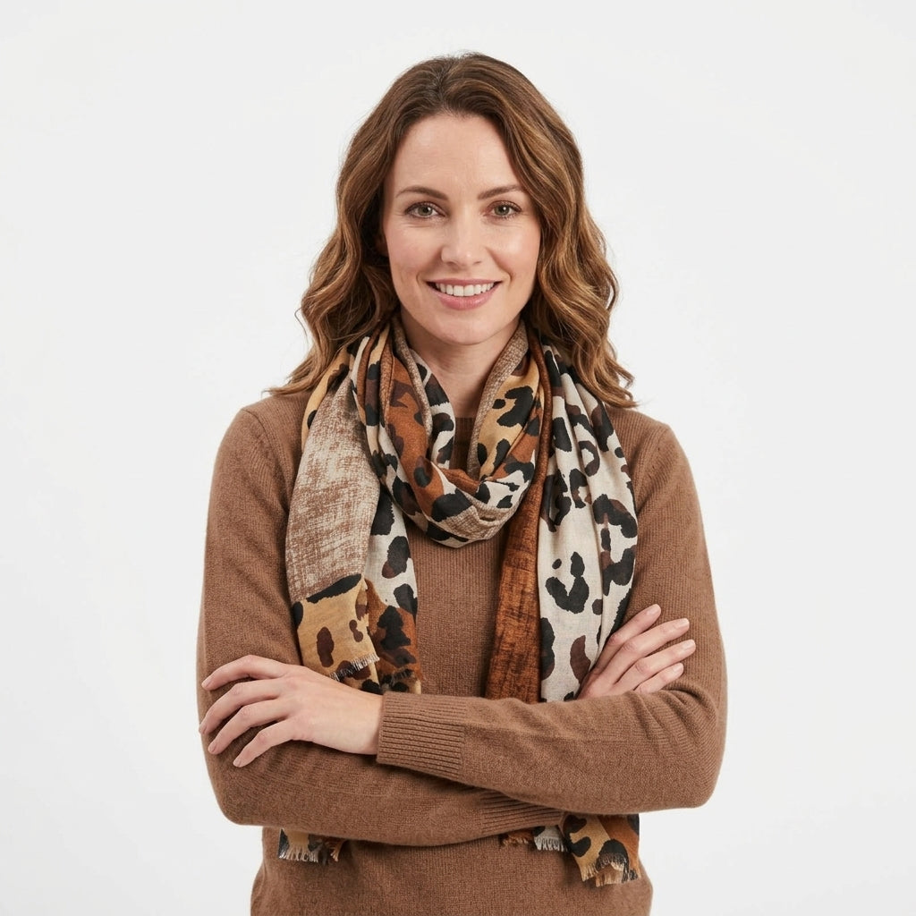 Foulard Léopard Marron et Beige Lin de Coton
