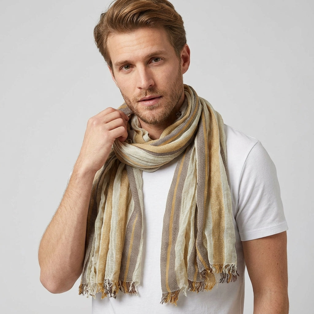 Foulard Lin Rayé Beige Écharpe Homme