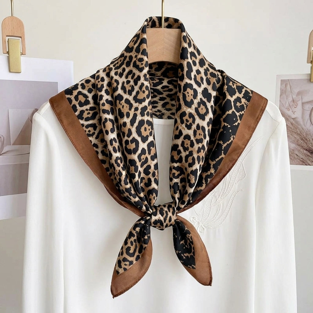 Foulard Marron motif Léopard Carré en Soie