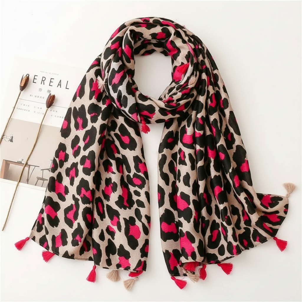 Foulard motif Léopard Rose en Coton et Lin