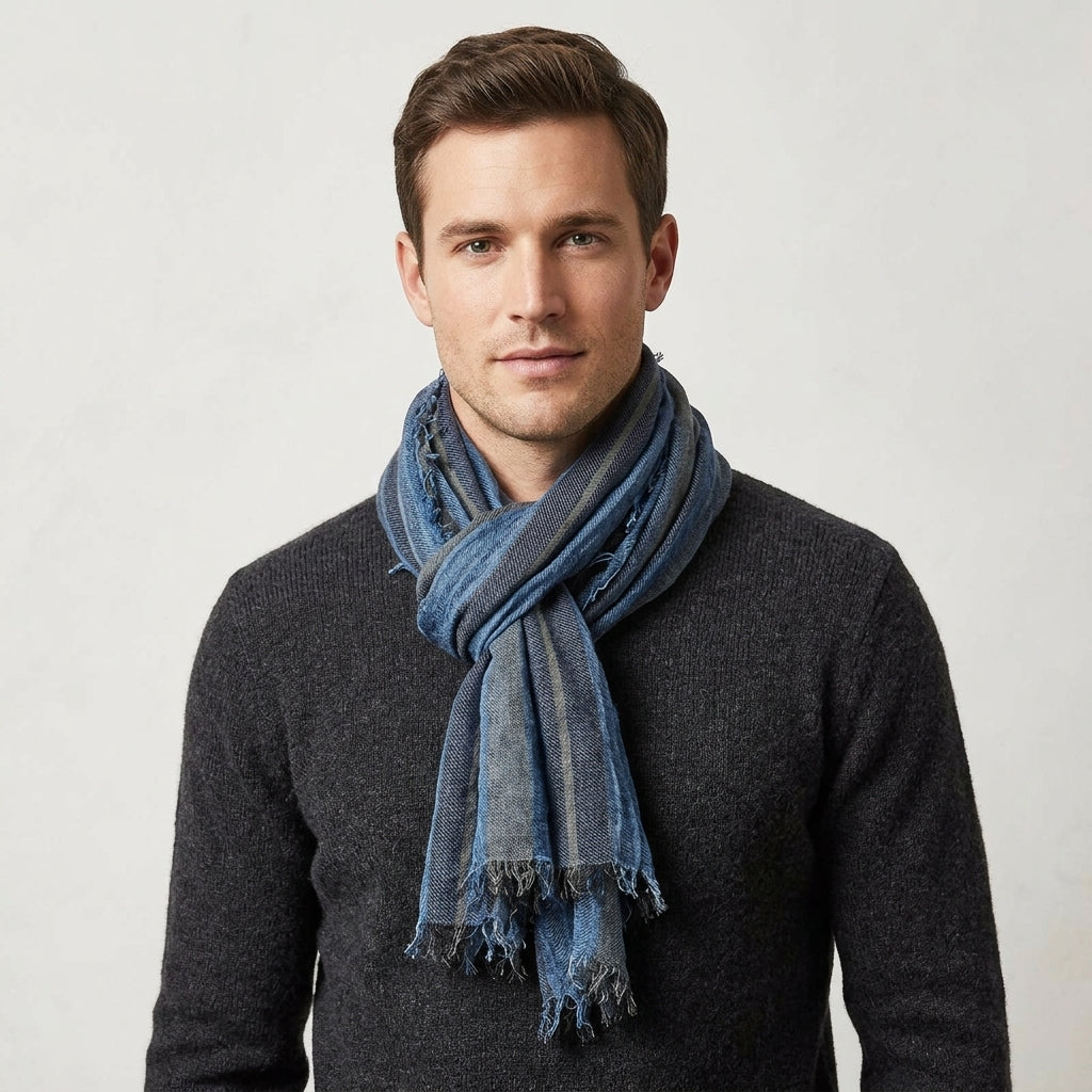 Foulard Lin Rayé Bleu Écharpe Homme