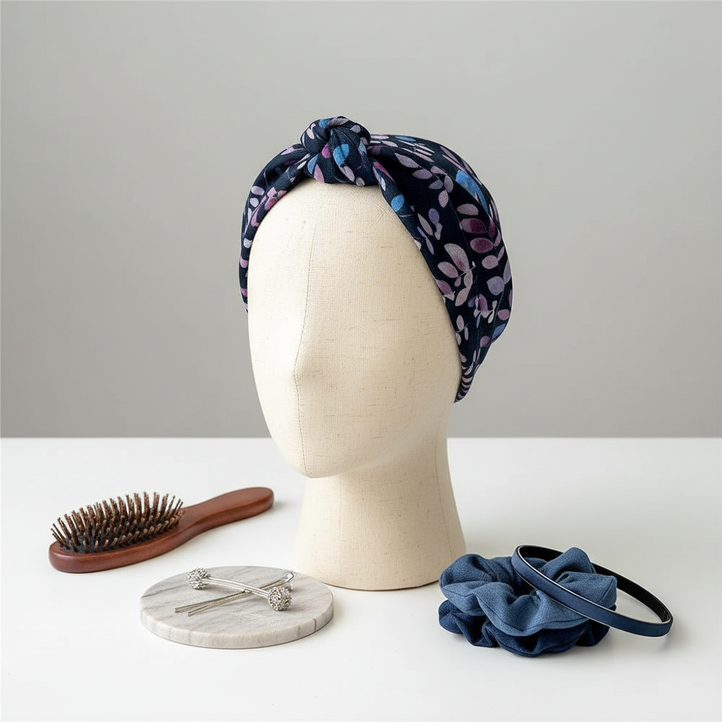 Foulard Cheveux en Lin motif Feuille Bleu
