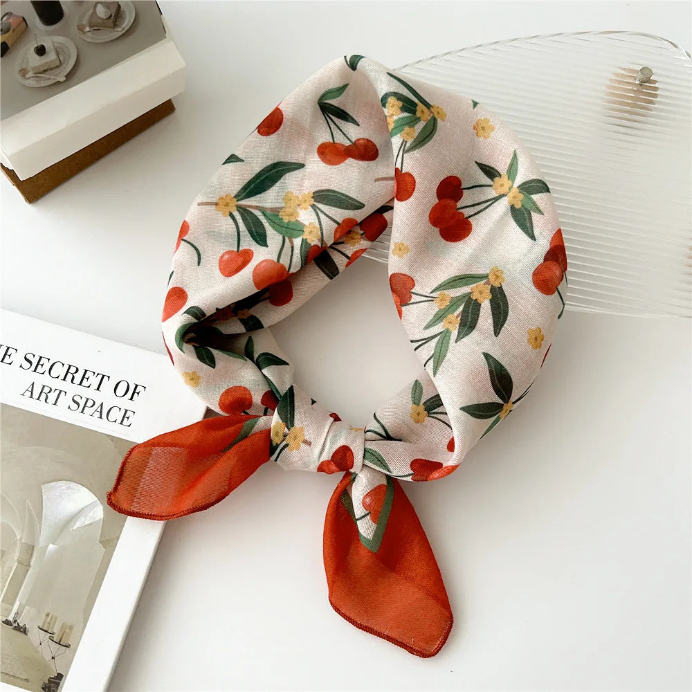 Foulard Cheveux en Lin Beige motif Cerise