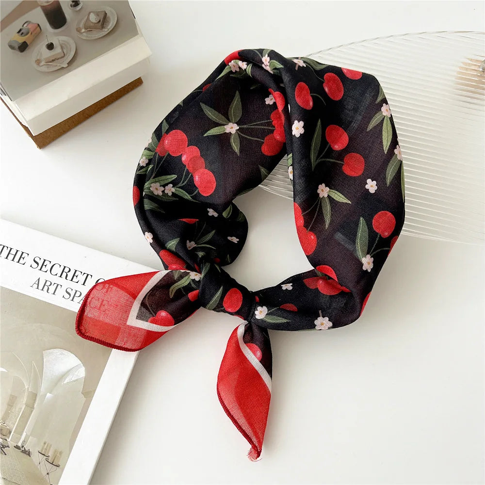 Foulard Cheveux en Lin Noir motif Cerise