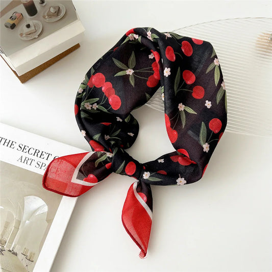 Foulard Cheveux en Lin Noir motif Cerise