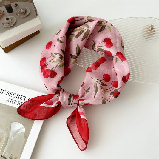 Foulard Cheveux en Lin Rose motif Cerise