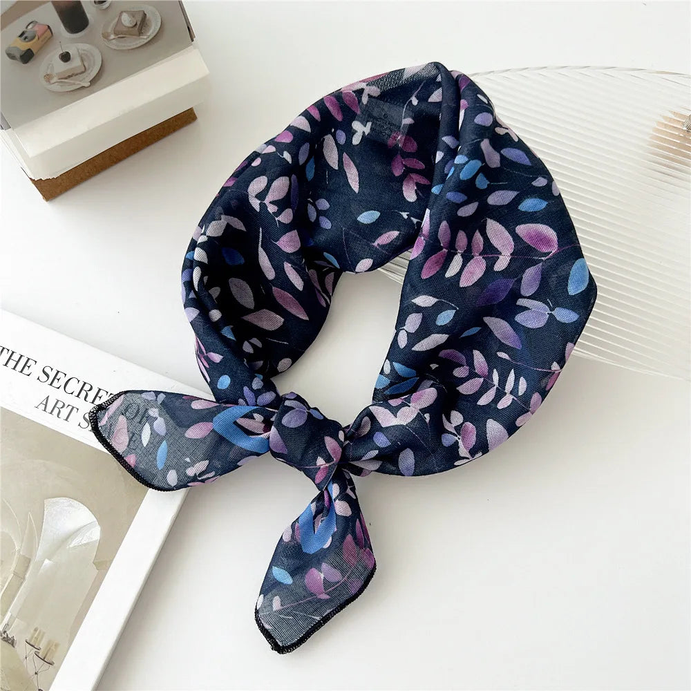 Foulard Cheveux en Lin motif Feuille Bleu