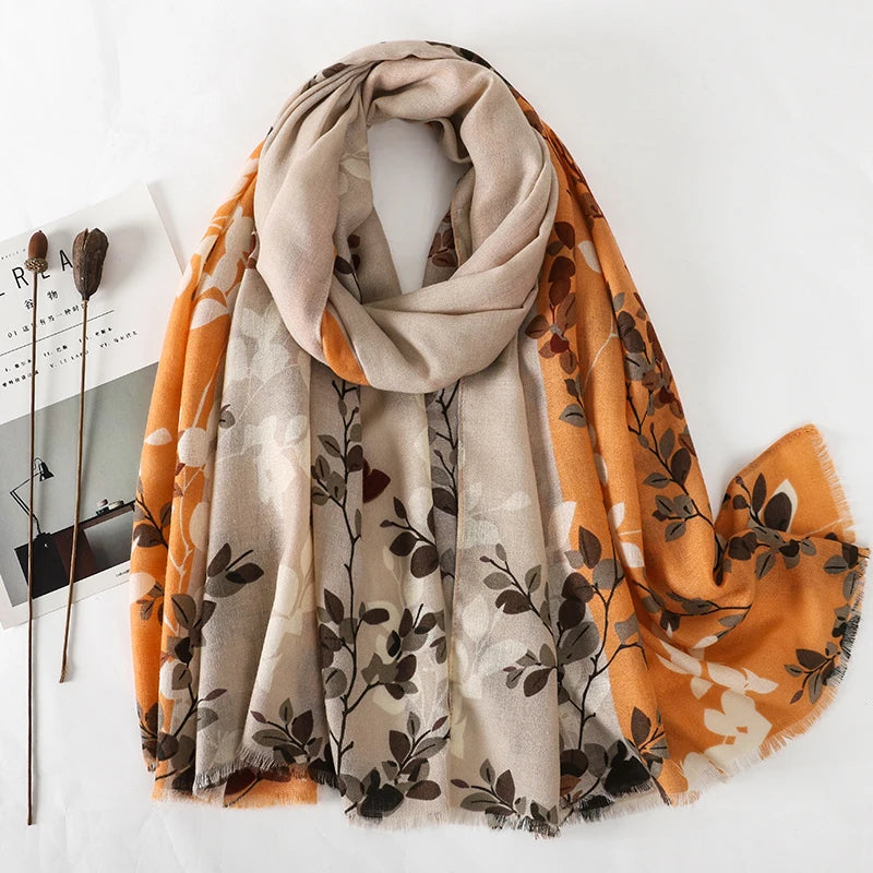Foulard Coton et Lin motif Plante Orange et Beige