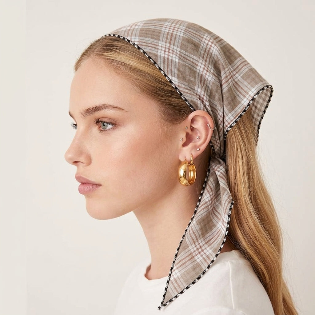 Foulard Bandana en Coton motif à Carreaux Beige