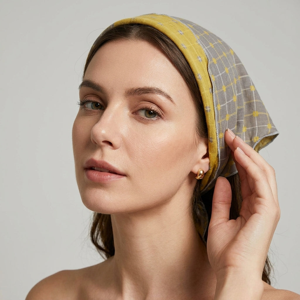
Foulard Bandana en Coton motif à Carreaux Gris et Jaun