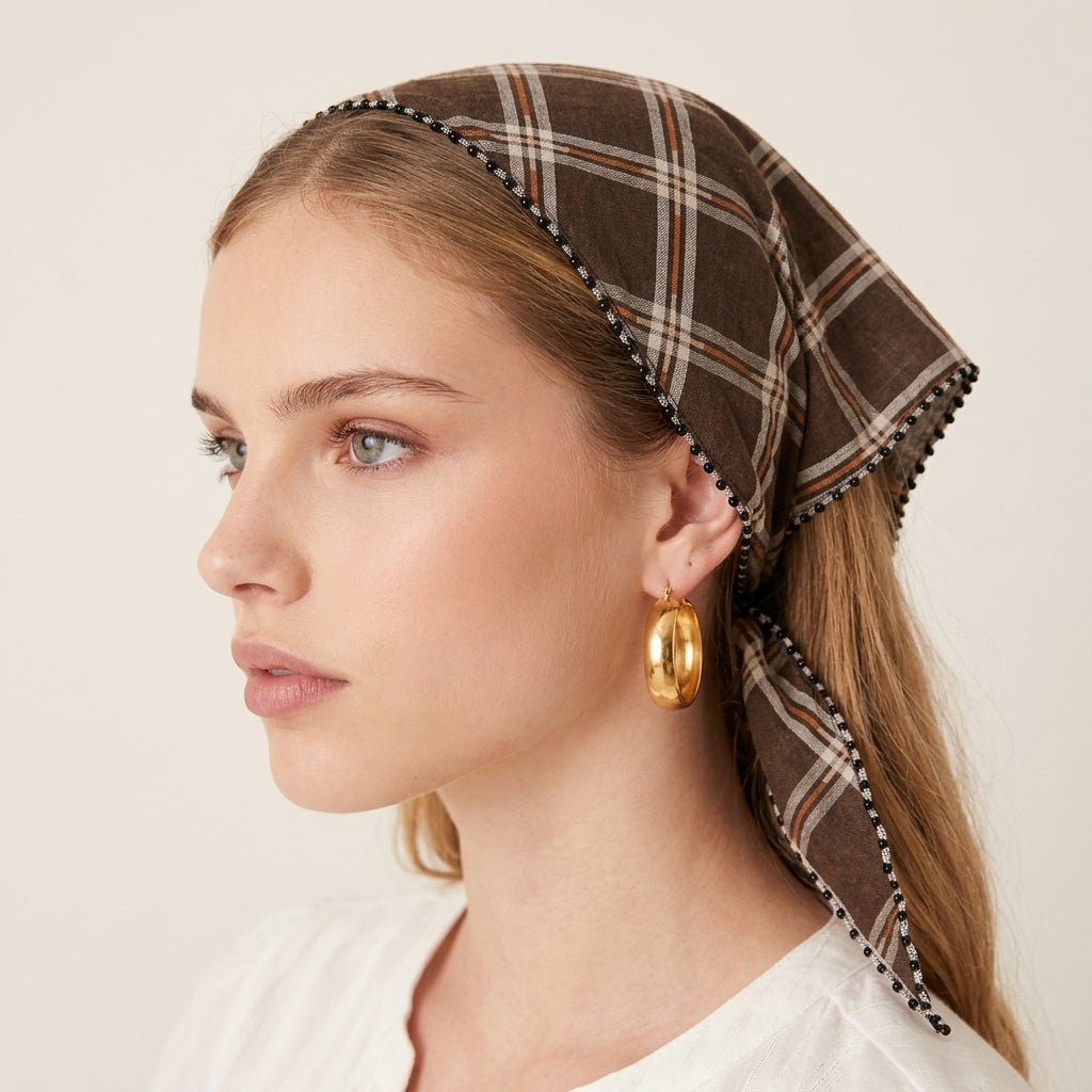 Foulard Bandana en Coton motif à Carreaux Marron