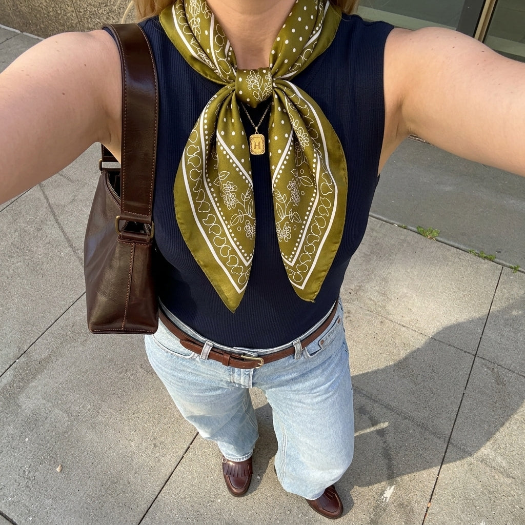 Foulard Carré en Soie motif Mandala Vert Olive