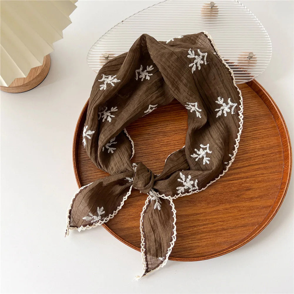 Foulard Cheveux Beige Marron en Coton et Lin pour Femme