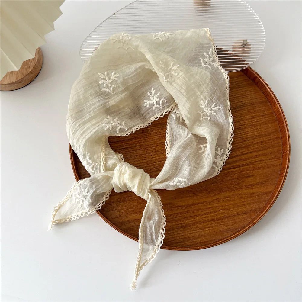Foulard Cheveux Beige Marron en Coton et Lin pour Femme