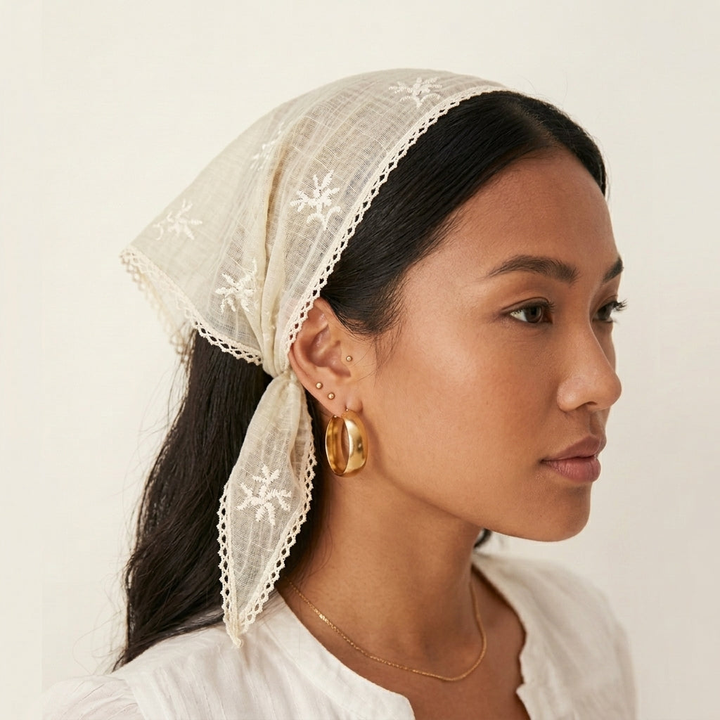 Foulard Cheveux Beige en Coton et Lin pour Femme