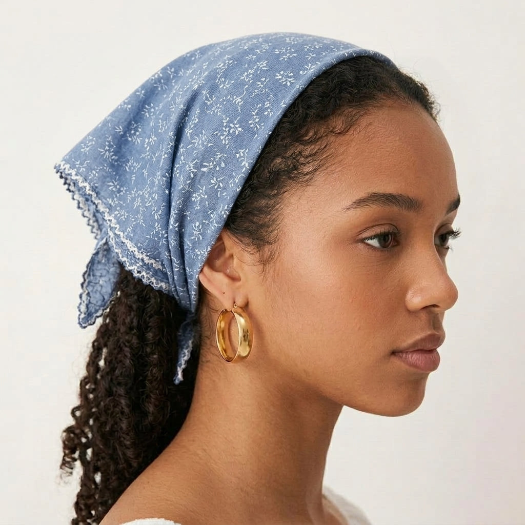 Foulard Cheveux Bleu Clair en Coton et Lin pour Femme