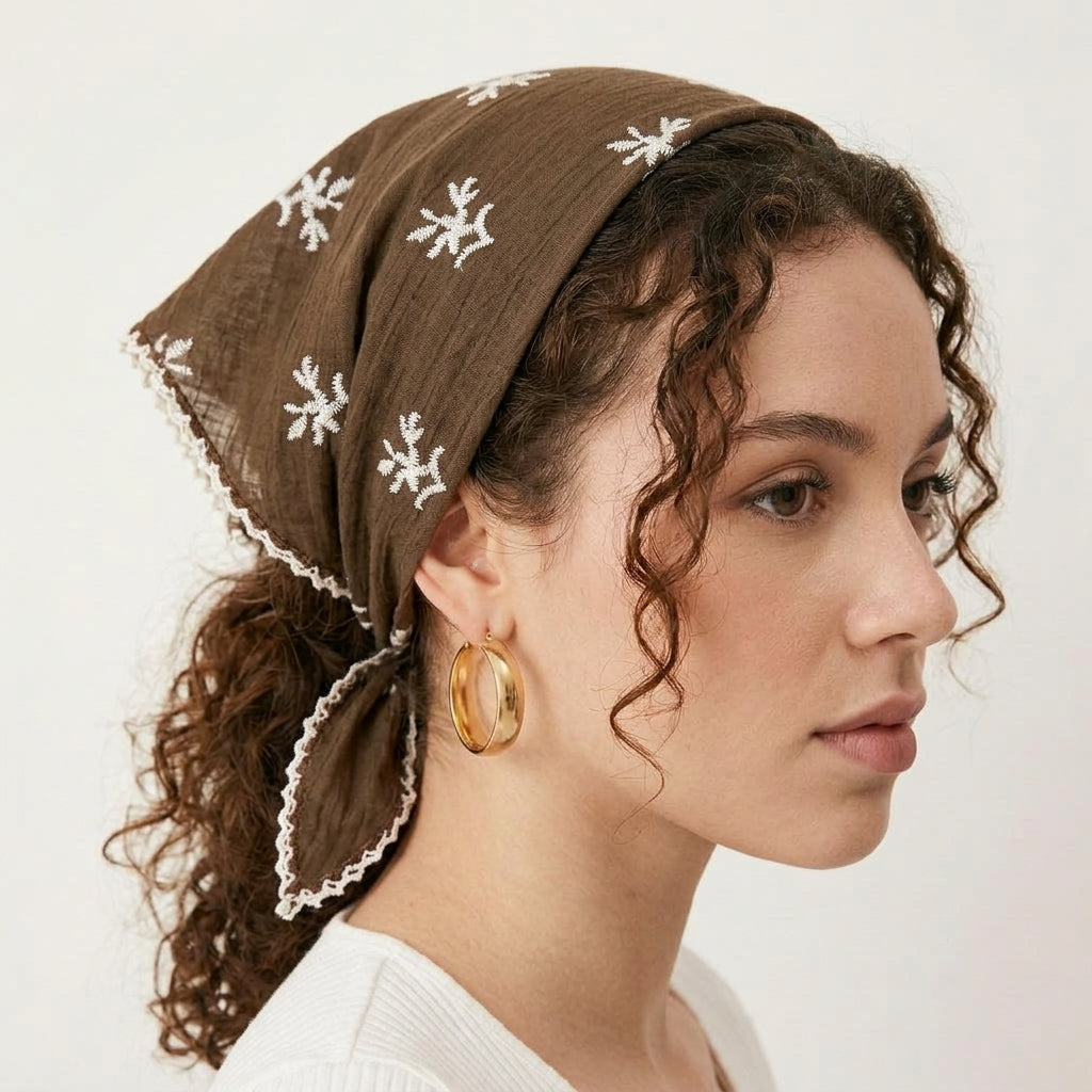 Foulard Cheveux Marron en Coton et Lin pour Femme