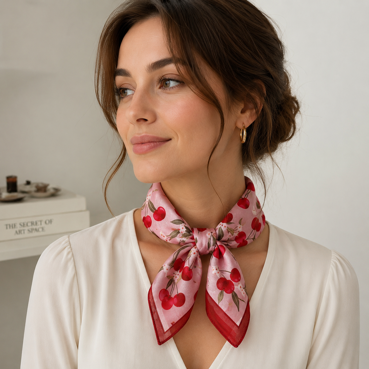 Foulard Cheveux en Lin Rose motif Cerise
