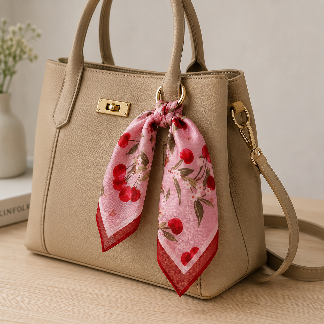 Foulard Cheveux en Lin Rose motif Cerise
