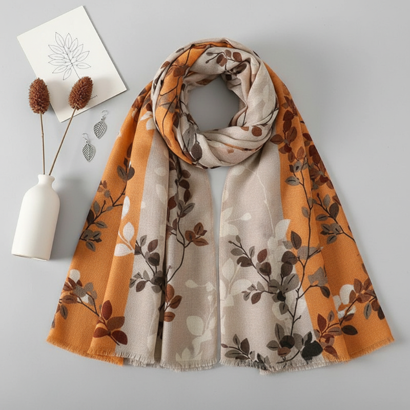 
Foulard Coton et Lin motif Plante Orange et Beige