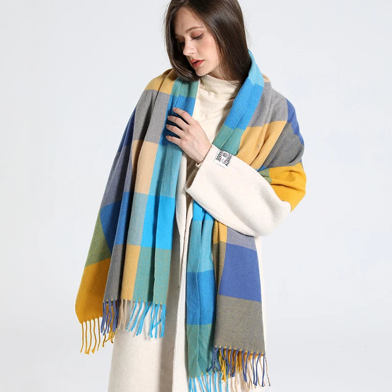 Foulard Femme Bleu et Jaune Cachemire à Carreaux