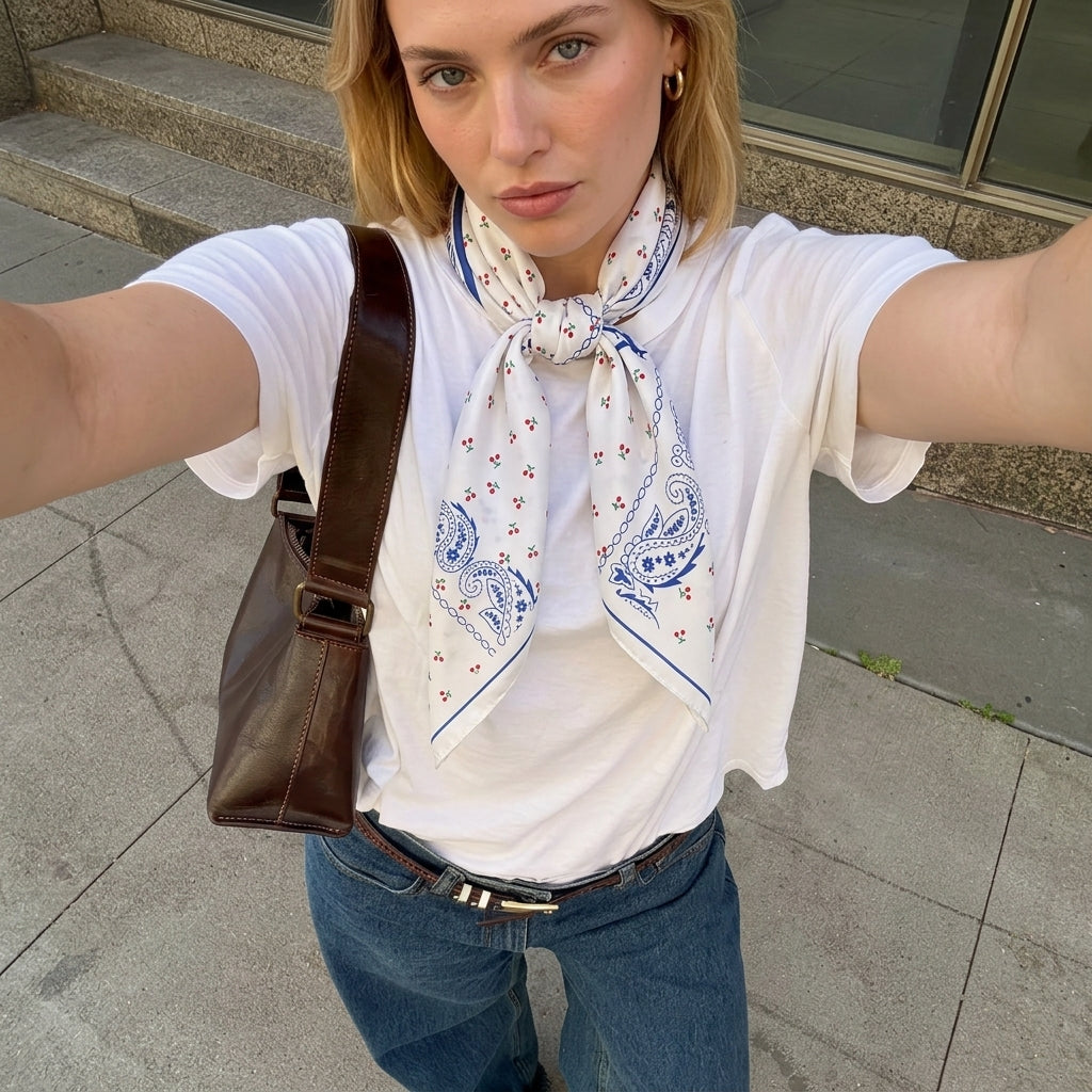 Foulard Femme Carré en Soie Blanc et Bleu motif Cerise