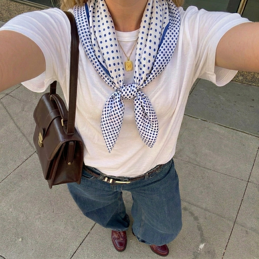 Foulard Femme Carré en Soie Bleu à Pois