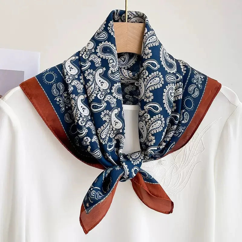 Foulard Femme Carré en Soie Bleu et Marron