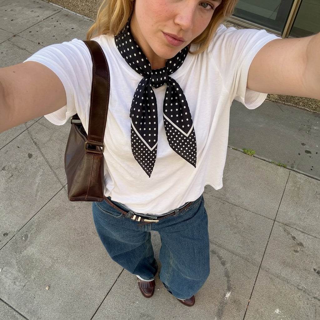 Foulard Femme Carré en Soie Noir à Pois