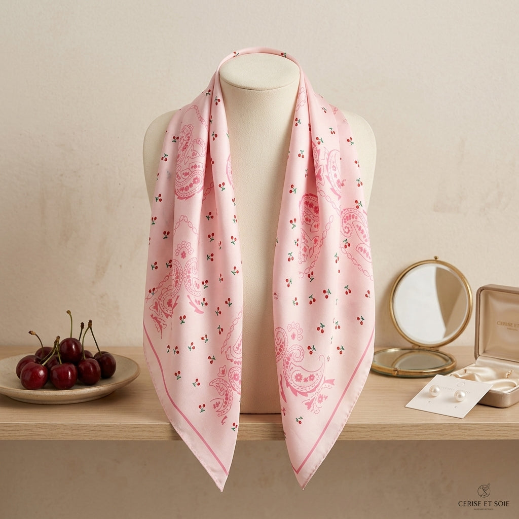 Foulard Femme Carré en Soie Rose motif Cerise