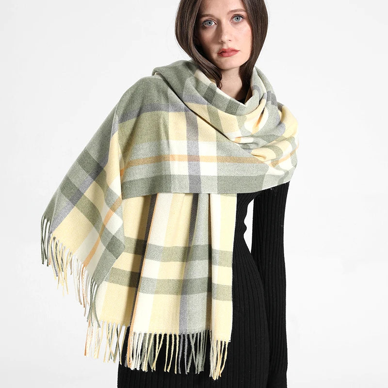 Foulard Femme Jaune Pâle Cachemire à Carreaux