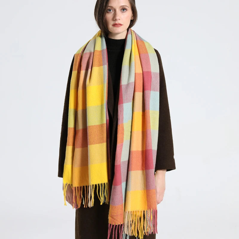 Foulard Femme Orange et Jaune Cachemire à Carreaux