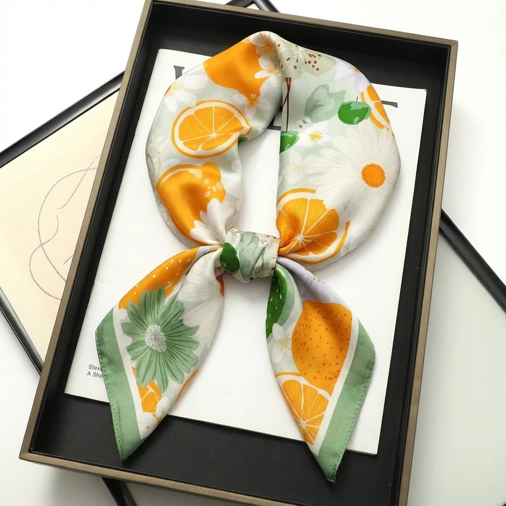 Foulard Femme motif Agrumes Fleuri Carré en Soie