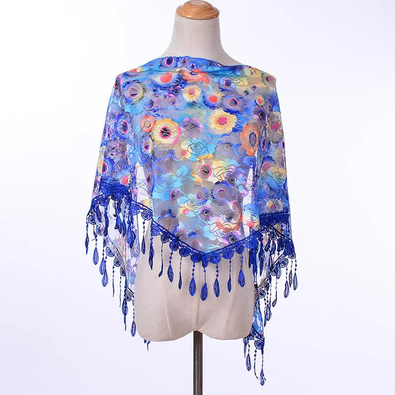 Foulard Fleuri Bleu Royal Écharpe en Dentelle