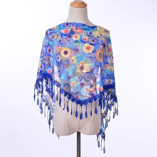 Foulard Fleuri Bleu Royal Écharpe en Dentelle