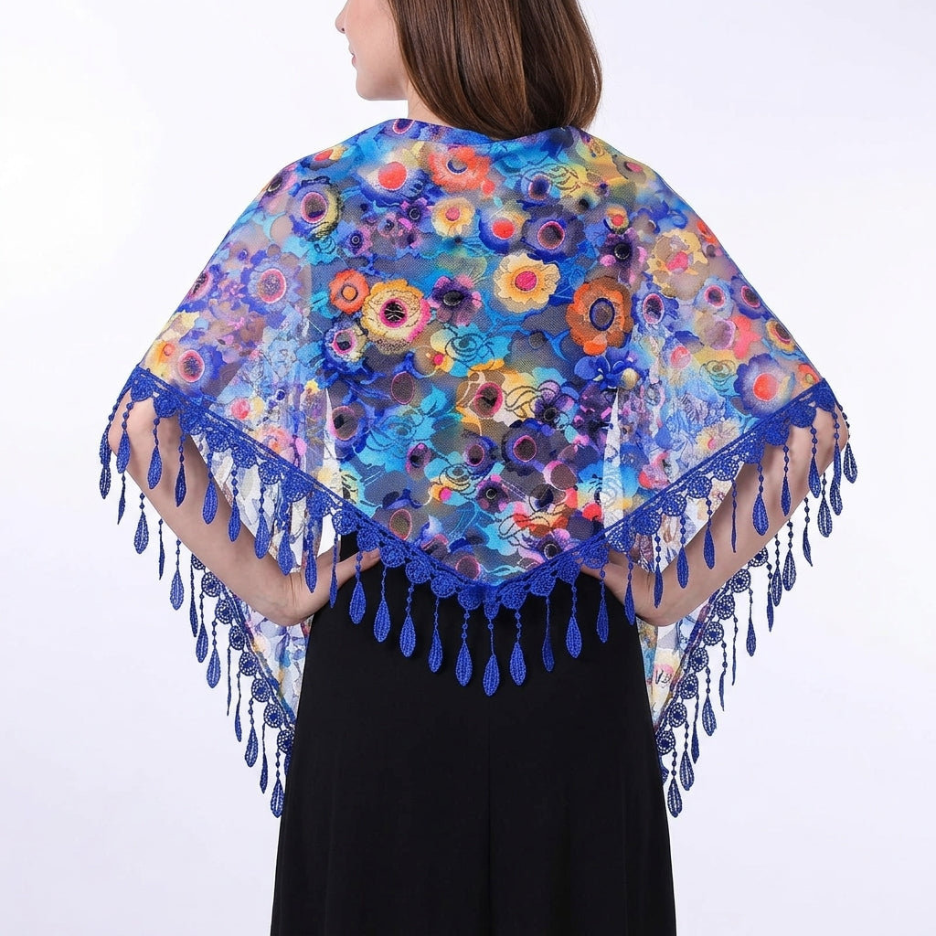 Foulard Fleuri Bleu Royal Écharpe en Dentelle