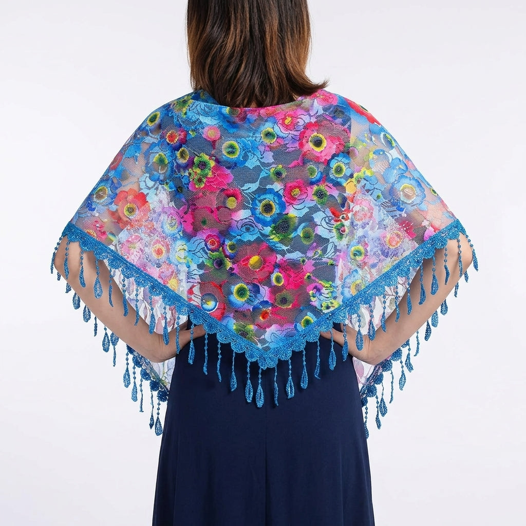 Foulard Fleuri Bleu Écharpe en Dentelle