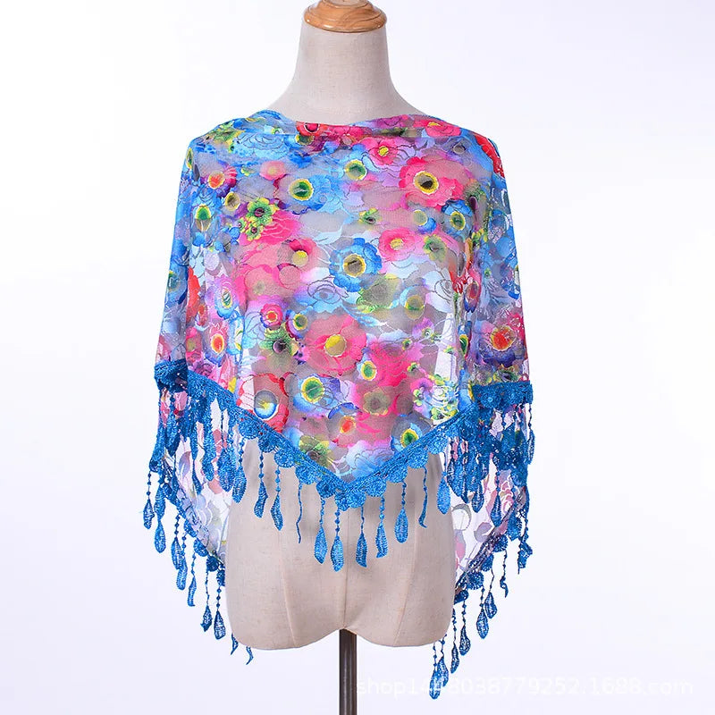 Foulard Fleuri Bleu Écharpe en Dentelle