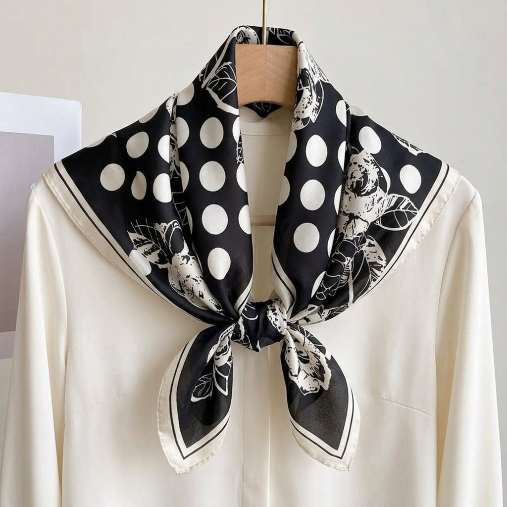 Foulard Fleuri Femme Carré en Soie Noir à Pois
