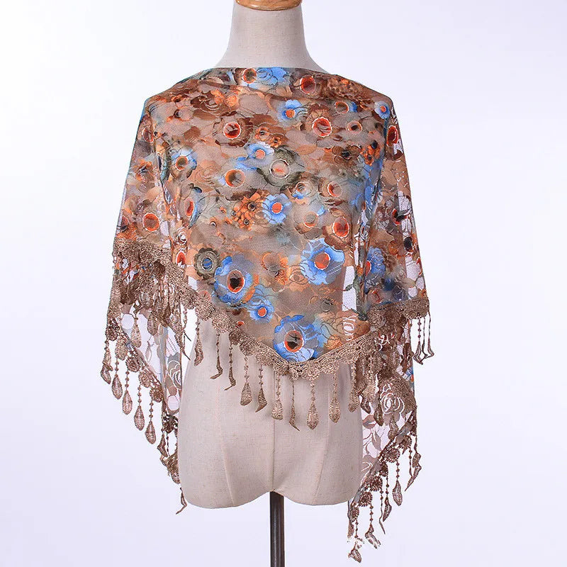Foulard Fleuri Marron Écharpe en Dentelle