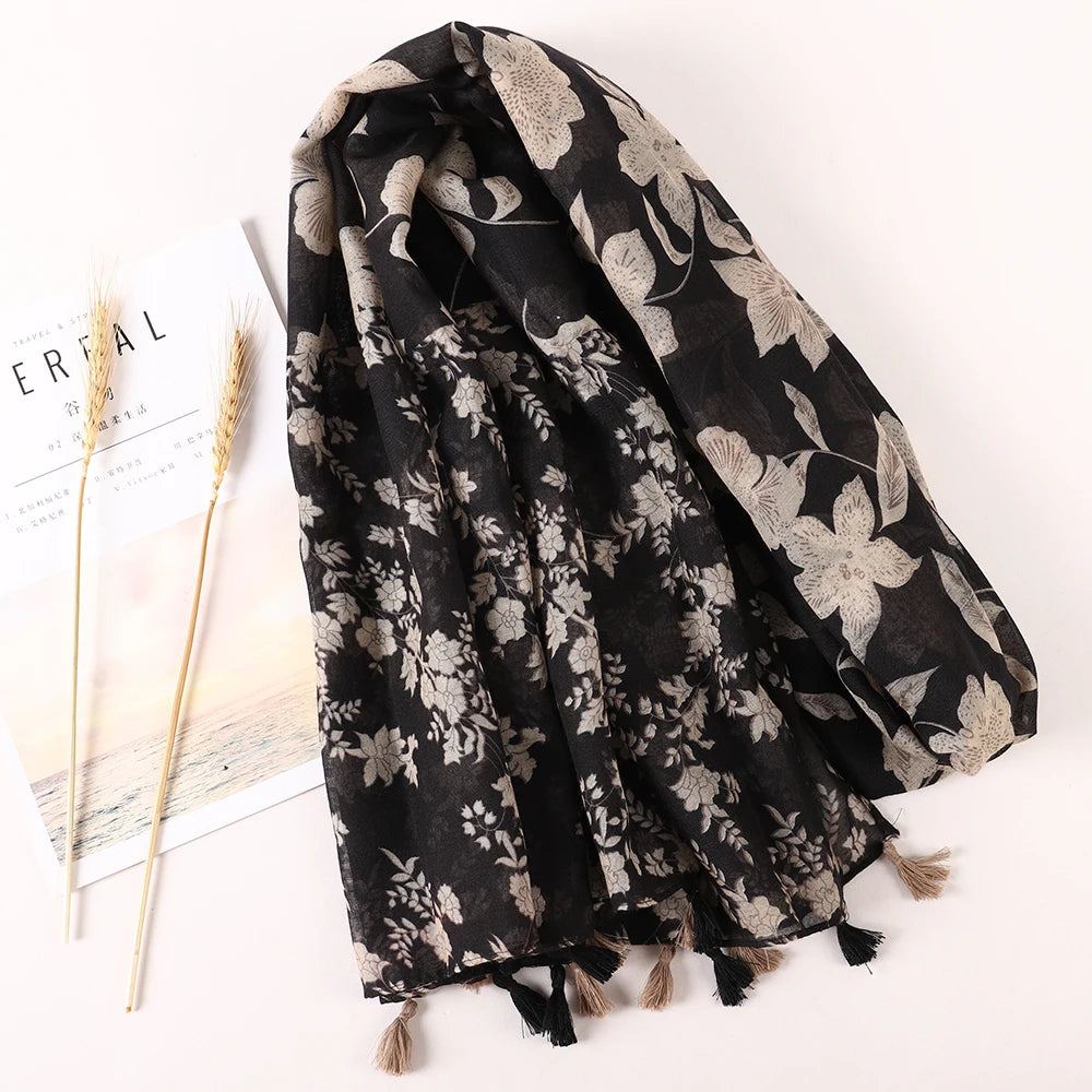 Foulard Fleuri Noir pour Femme en Lin de Coton