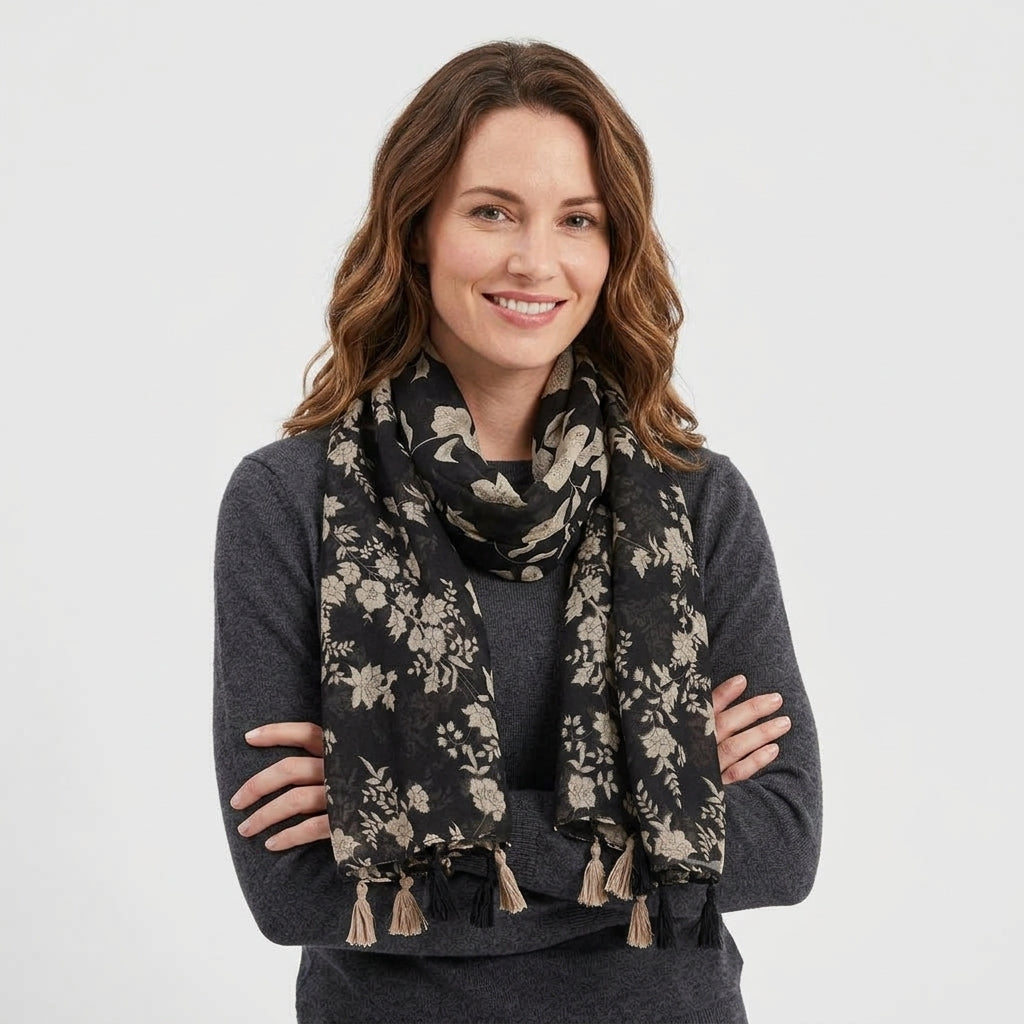 Foulard Fleuri Noir pour Femme en Lin de Coton